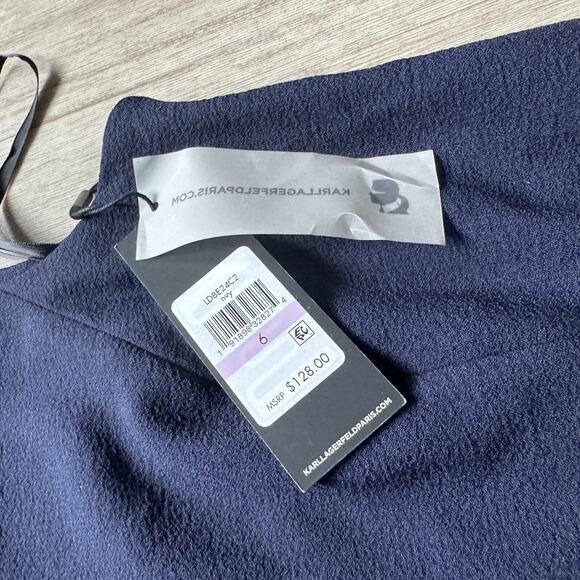 Karl Lagerfeld Paris Navy Sleeveless Dress Size 6 Ruffle Hem Chain Belt NWT $128 - Picture 3 of 7